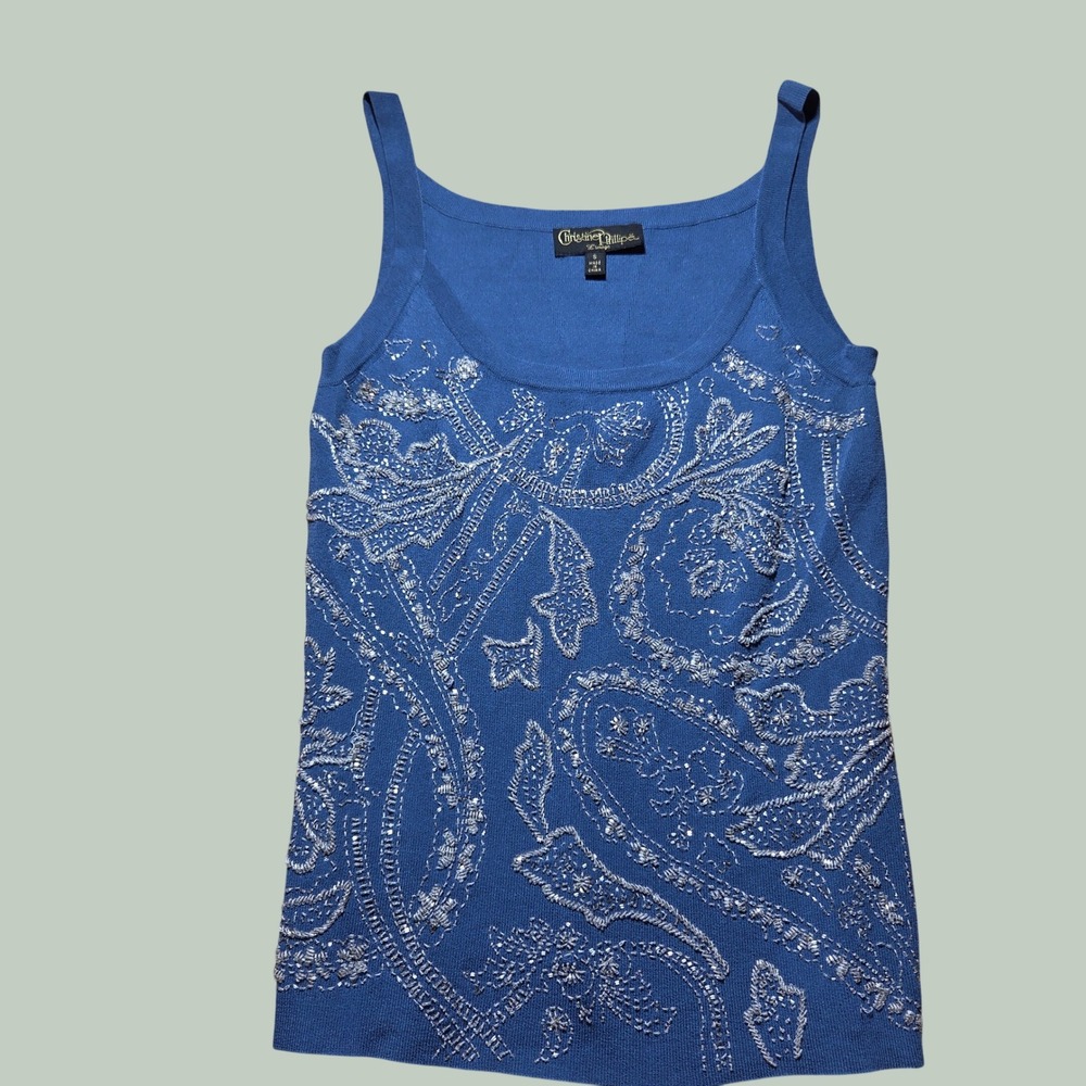 Christine Philippe L'image Blue Beaded Paisley Tank Top Y2K Embellished Small